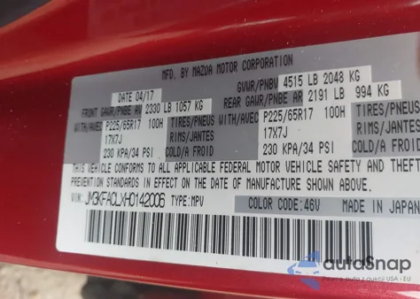 2017 Mazda Cx-5 Touring z USA, uszkodzony, nr VIN JM3KFACLXH0142006